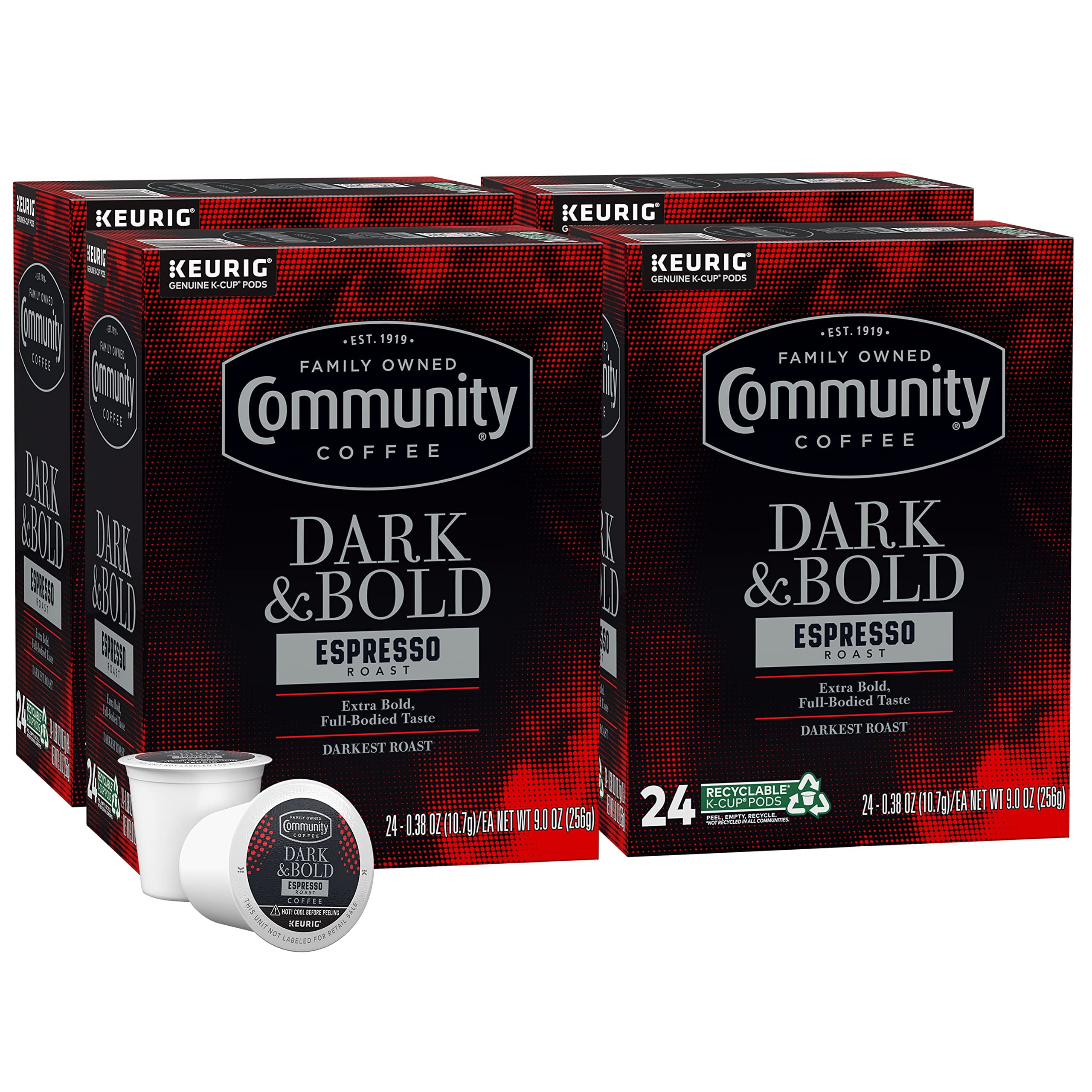 Community Coffee Dark & Bold Espresso Roast 96 Count Coffee Pods, Compatible with Keurig 2.0 K-Cup Brewers, 24 count (Pack of 4)