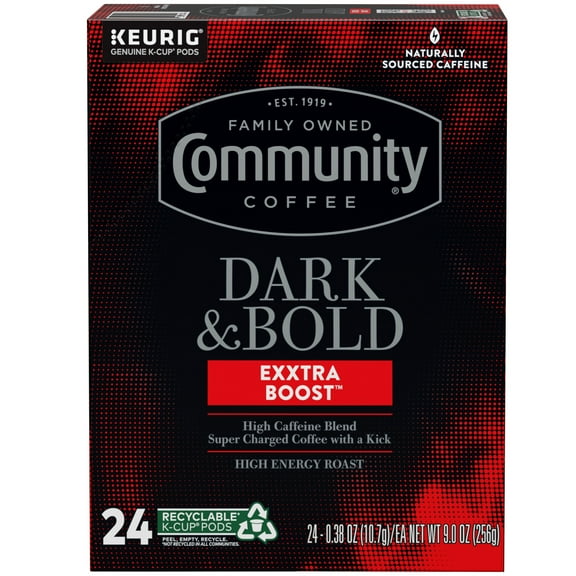 Community Coffee Dark & Bold Exxtra Boost Single Serve 24 ct Box