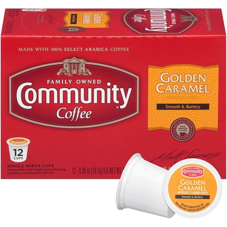 Community Coffee Golden Caramel Flavored Medium Roast Single Serve 12 Ct Box, Compatible With Keurig 2.0 K Cup Brewers, Medium Full Body Rich Creamy Taste, 100% Arabica Coffee Beans
