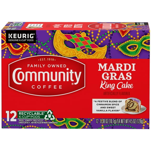 Community Coffee Mardi Gras King Cake Coffee Single-Serve Cups 12 ct Box Compatible with Keurig 2.0 K-Cup Brewers