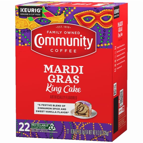 Community Coffee Mardi Gras King Cake Coffee Single-Serve Cups 22 ct Box