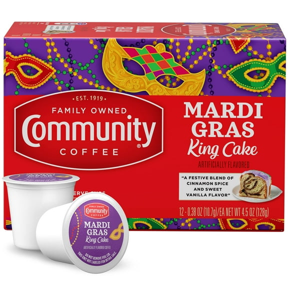 Community Coffee Mardi Gras King Cake Flavored 12 Count Coffee Pods, Medium Roast, Compatible with Keurig 2.0 K-Cup Brewers, Box of 12 Pods