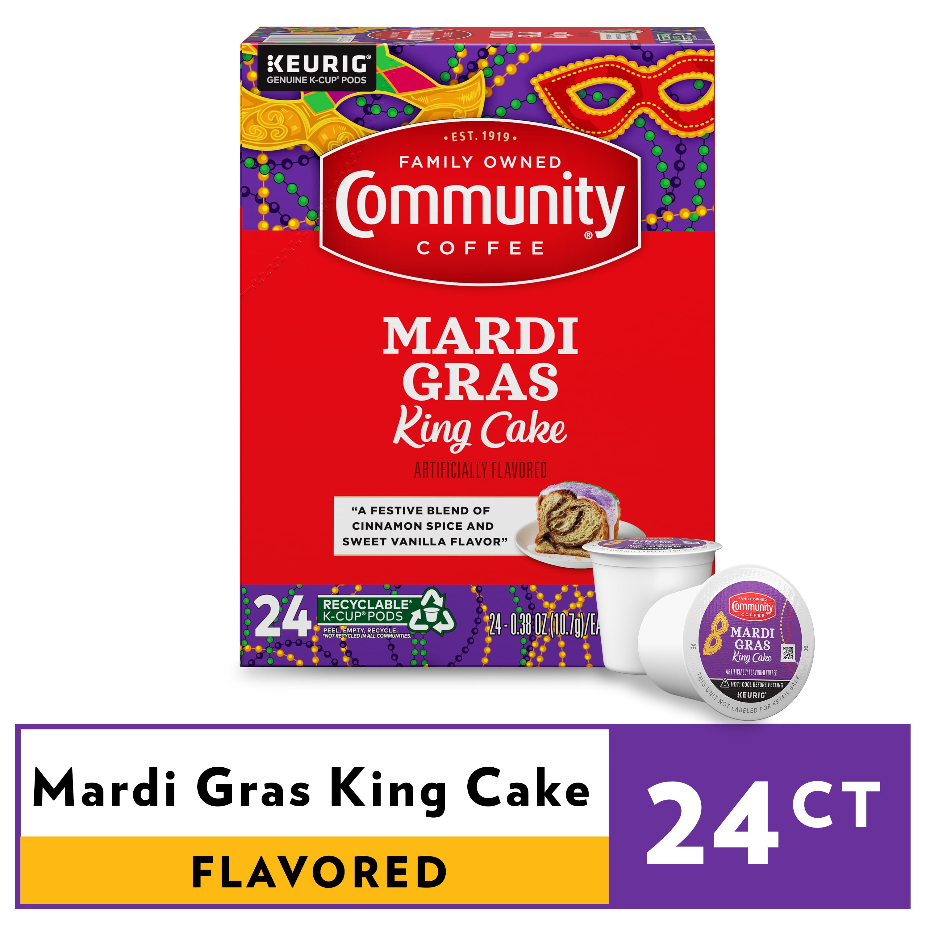 Community Coffee Mardi Gras King Cake Pods for Keurig Kcups 24 Count
