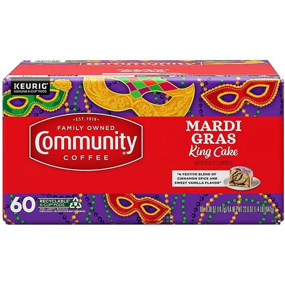 Community Coffee Mardi Gras King Cake Medium Roast Single Serve 60 count Box