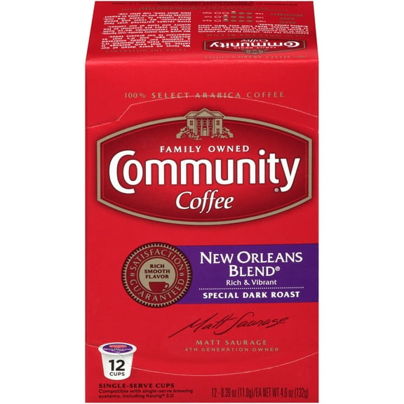 Community Coffee New Orleans Blend Special Dark Roast Coffee Single-Serve Cups 12 ct Box Compatible with Keurig 2.0 K-Cup Brewers