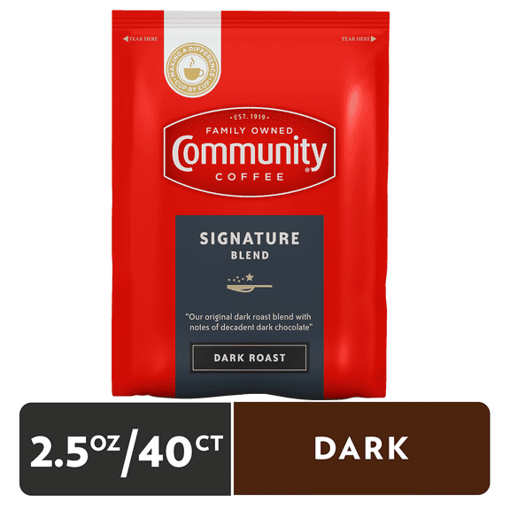 Community Coffee Pre Measured 2.5 oz Ground Signature Blend Dark Roast Fractional Packs, 40 Count