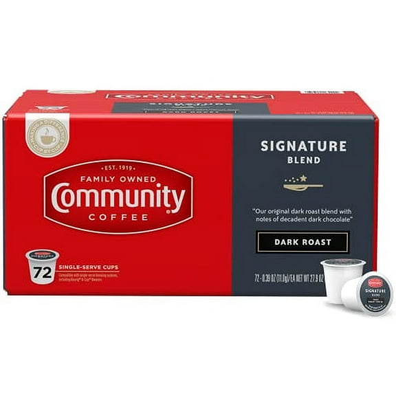Community Coffee Signature Blend .. .. 72 Count Coffee .. Pods, .. Dark Roast, .. Compatible with .. Keurig .. 2.0 K-Cup Brewers, .. .. Box of 72 Pods ..