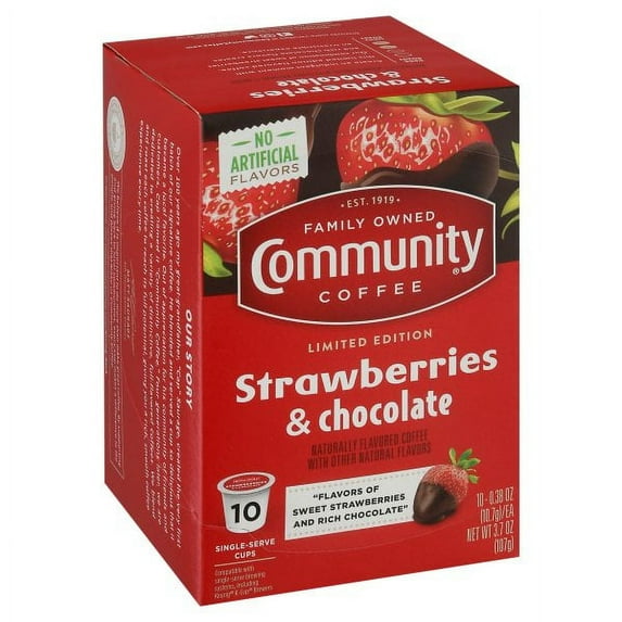 Community Coffee Strawberries & Chocolate Flavored Coffee Pods, 10 count, Medium Roast