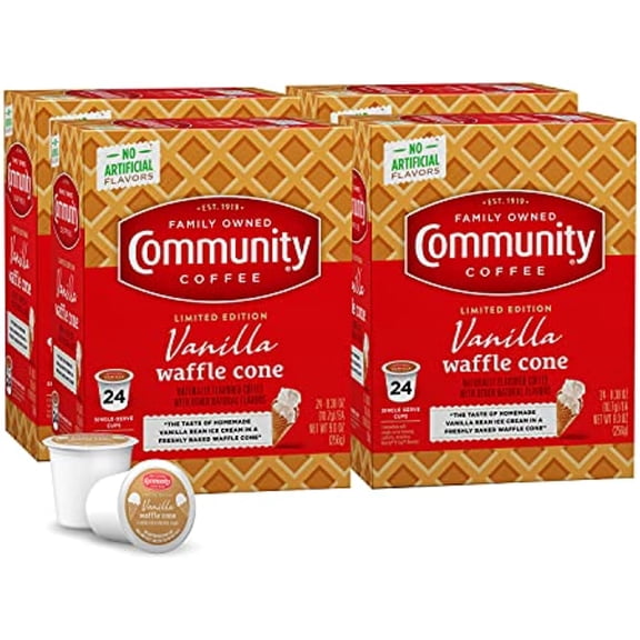 Community Coffee Vanilla Waffle Cone 96 Count Coffee Pods, Ice Cream Flavored, Compatible With Keurig 2.0 K-Cup Brewers, 24 Count (Pack Of 4)