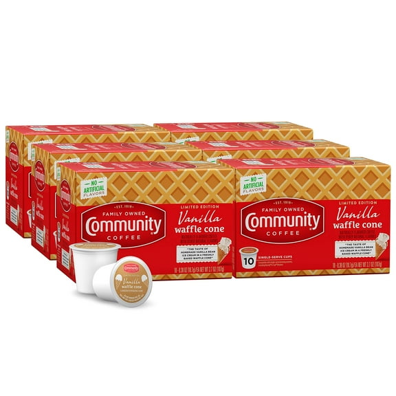 Community Coffee Vanilla Waffle Cone Coffee Pods, Ice Cream Flavored, Compatible With Keurig 2.0 K-Cup Brewers, 10 Count (Pack Of 6)