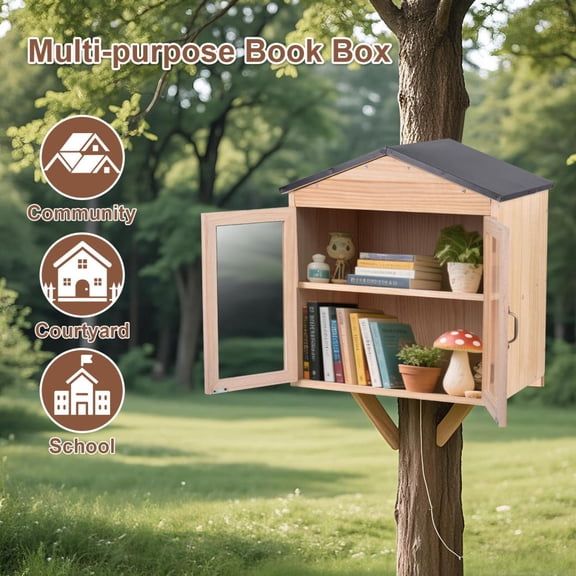 Community Library Box Outdoor 20x14x19in, Weatherproof Book Storage Cabinet, Literature Exchange for Magazines and Newspapers