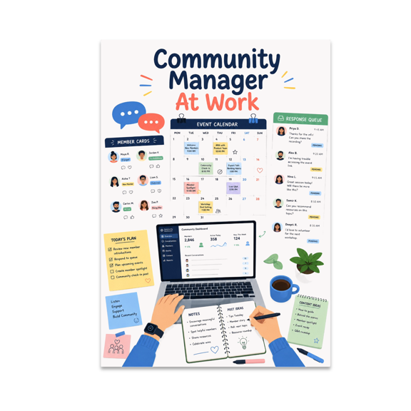 Community Manager At Work Poster, Offices, Studios, and Creative Workspaces, 13x19 Glossy Paper