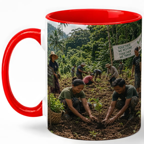 Community Reforestation Coffee Mug, Forest Restoration Tree Planting Design, 11 oz Ceramic Cup