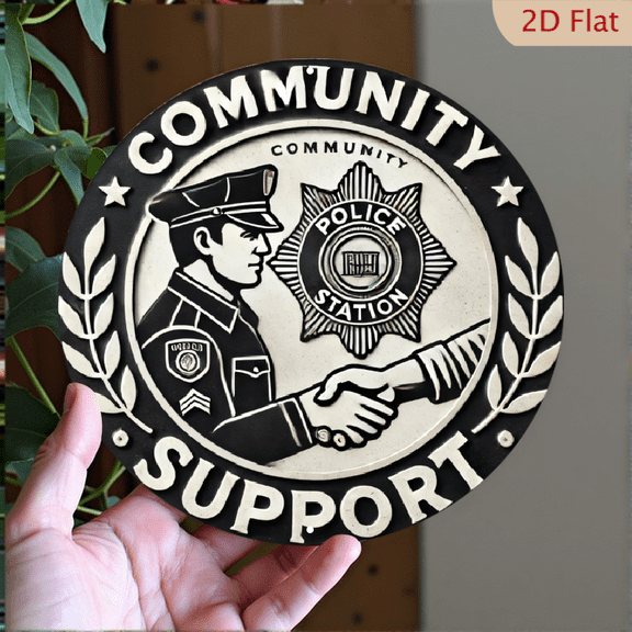 Community Support Police Emblem Metal Wall Art, Round Aluminum Sign, 8x8 Inch Monochrome Law Enforcement Partnership Plaque for Home and Office Decor