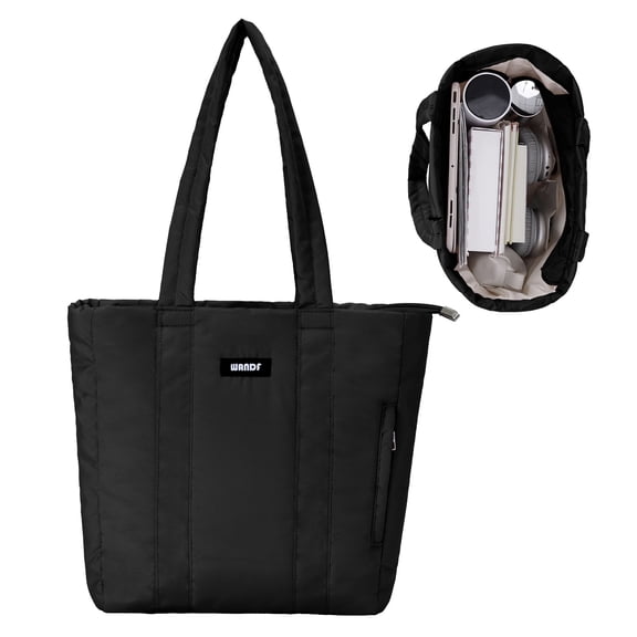 Puffer Tote Bag for Women Quilted Work Bags Travel Handbag Carry on Bag for Commuter Gym College School, Gifts for Teachers, Black