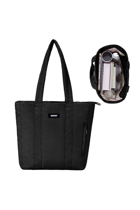 Puffer Tote Bag for Women Quilted Work Bags Travel Handbag Carry on Bag for Commuter Gym College School, Gifts for Teachers, Black