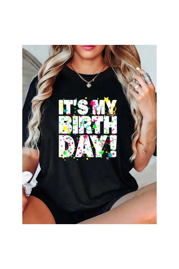 Commuting Birthday Confetti Graphic Celebration Tee T Shirt Tops Short Sleeve Round Neck Black S-5XL
