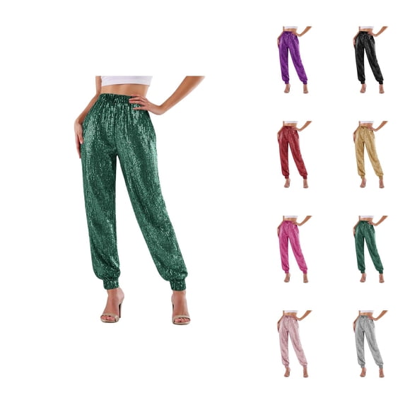 Commuting Sequined Fashionable Form-Fitting High-Waisted Casual Pants for Women – Pull-On Elastic Waist, Stretch Sparkly Party Club Night Out Dance Joggers