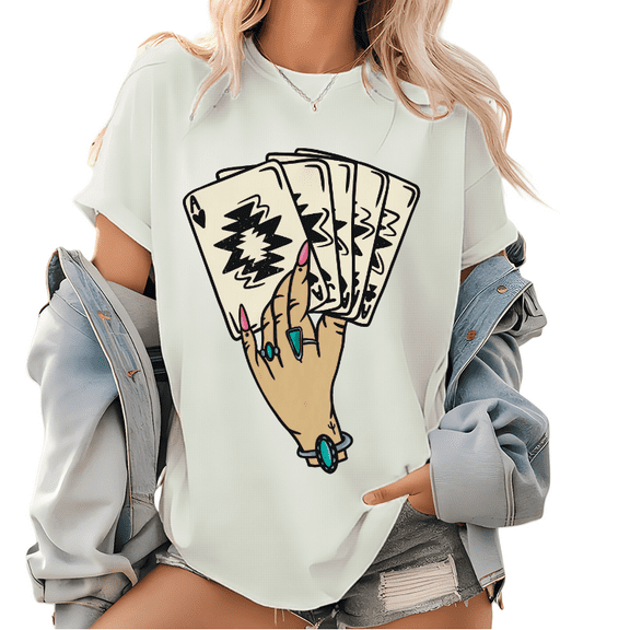 Commuting Top,Playing Cards Print Graphic Tee T-Shirt Top Short Sleeve Round Neck White S-5XL