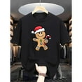 thumbnail image 1 of Commuting and Trendy Christmas Gingerbread Tee Candy Cane Print Top Short Sleeve Round Neck Black S-5XL, 1 of 5