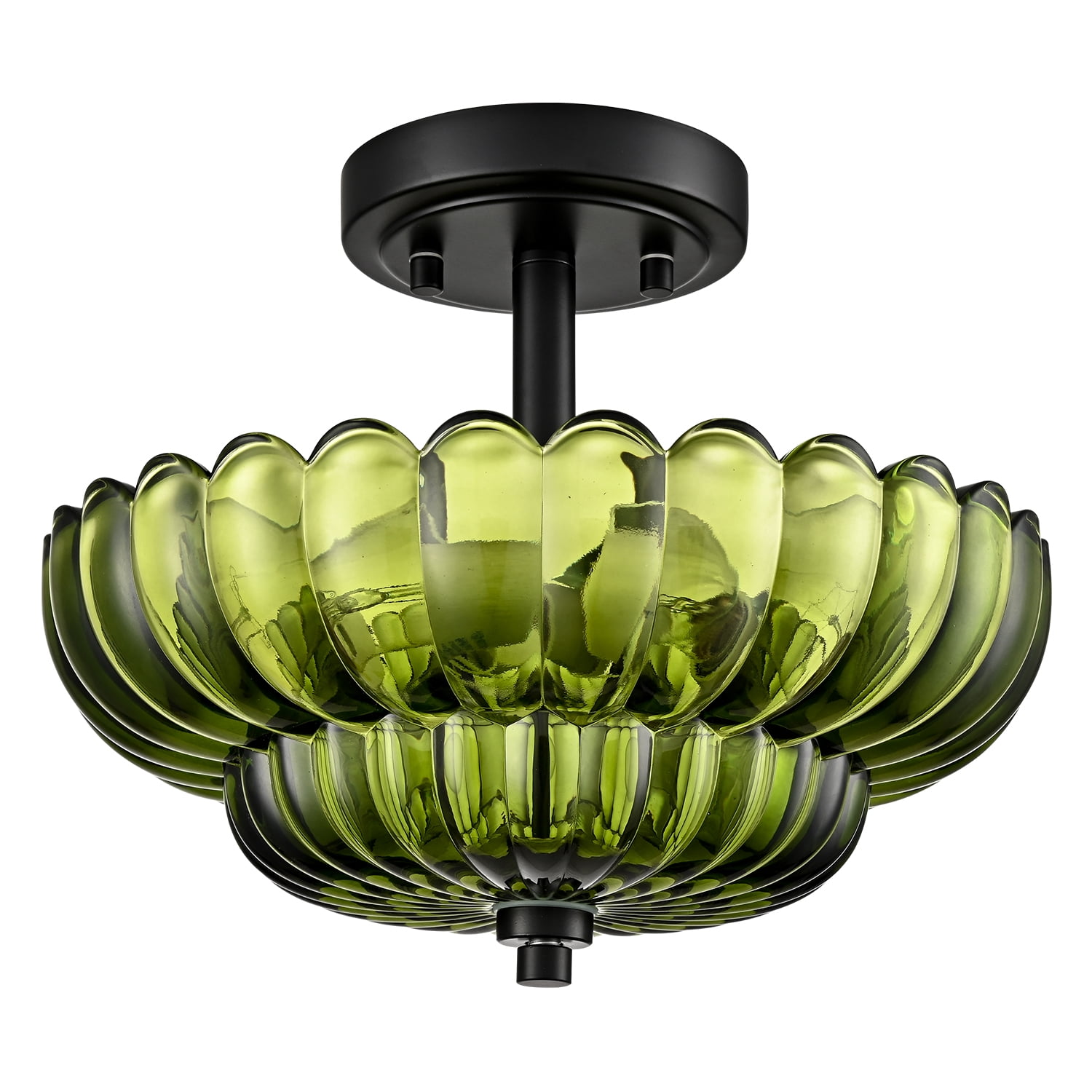 Como 3-Light Modern Black Semi Flush Mount Ceiling Light with Scalloped Green Glass Shade
