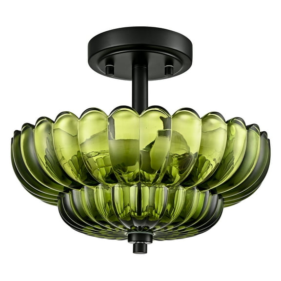 Como 3-Light Modern Black Semi Flush Mount Ceiling Light with Scalloped Green Glass Shade