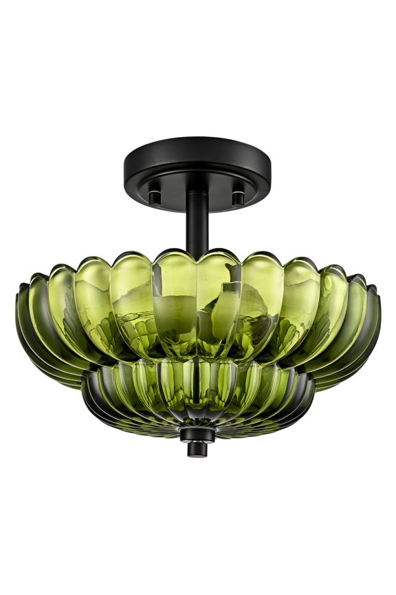 Como 3-Light Modern Black Semi Flush Mount Ceiling Light with Scalloped Green Glass Shade