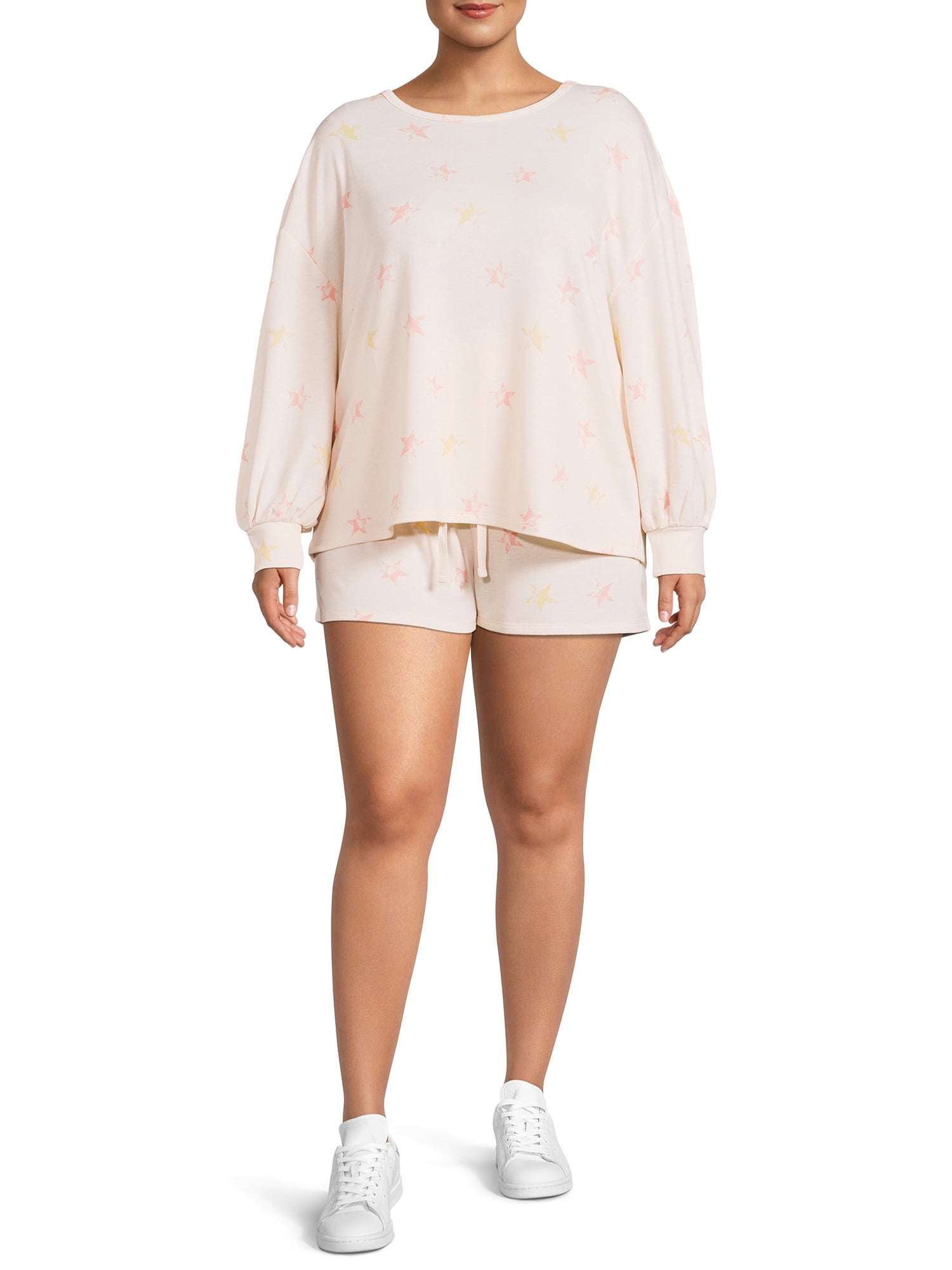 Como Blu Women's Plus Size Crew Neck Sweatshirt and Drawstring Shorts Set, 2-Piece