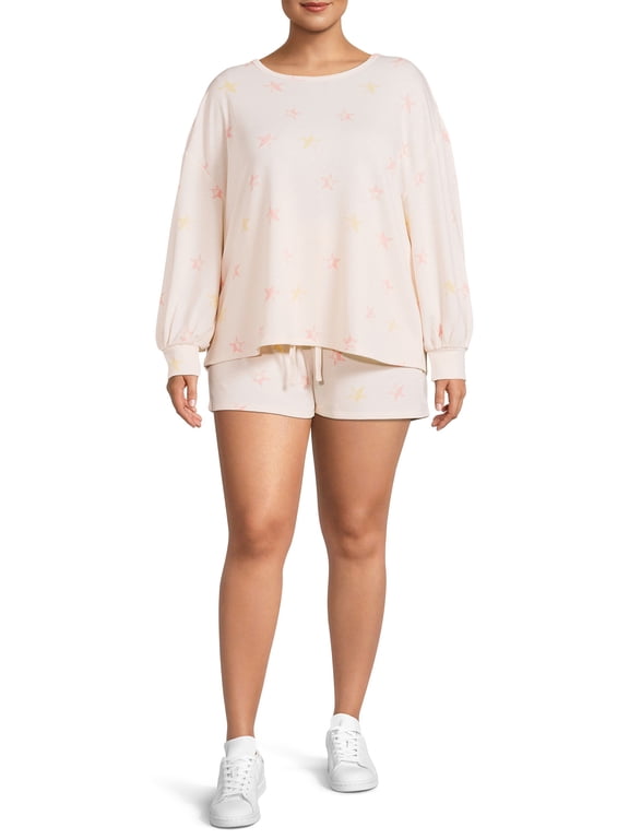 Women's Plus Size Crew Neck Sweatshirt and Drawstring Shorts Set, 2-Piece