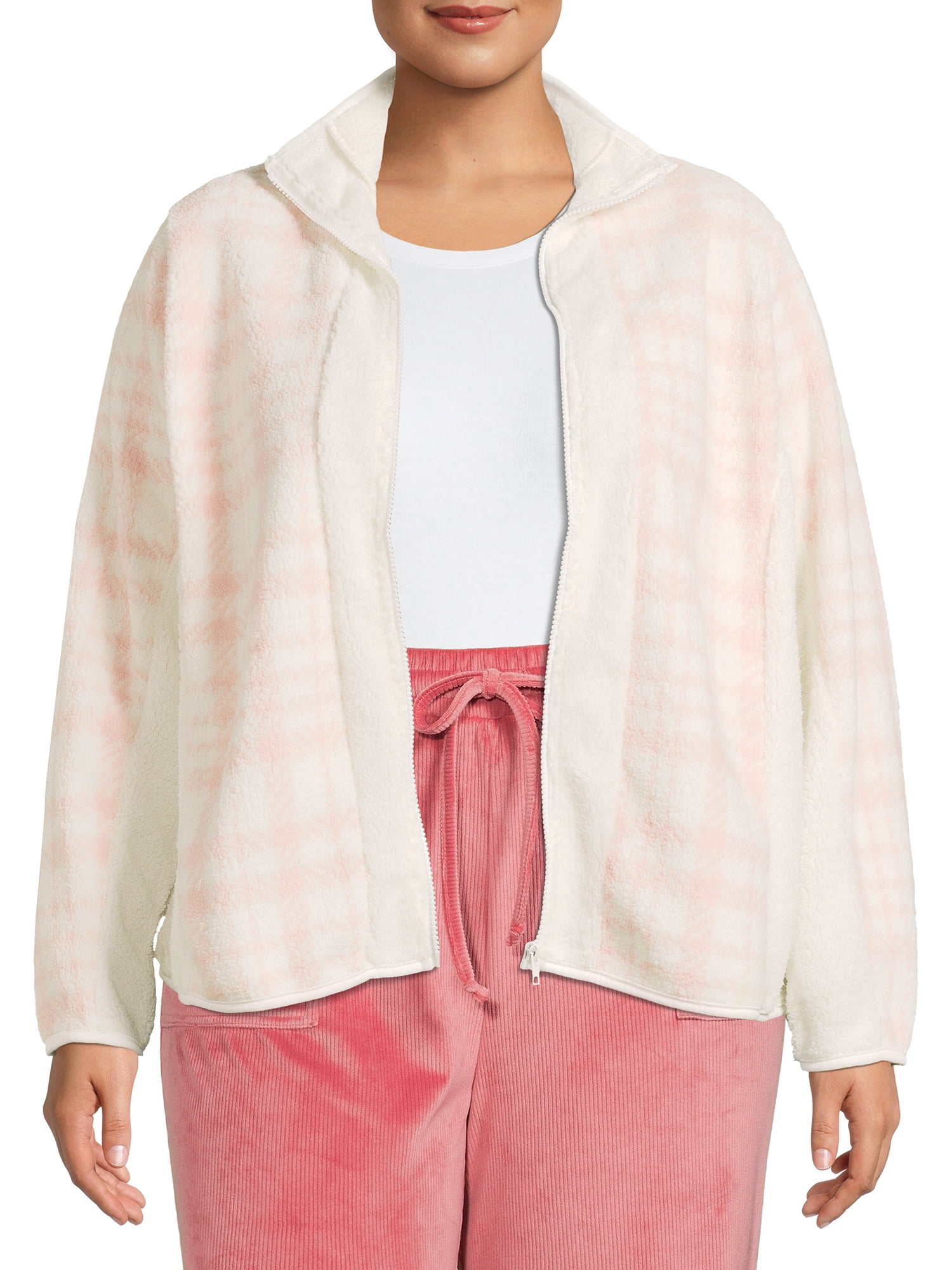 Como Blu Women's Plus Size Printed Faux Baby Sherpa Zip Jacket