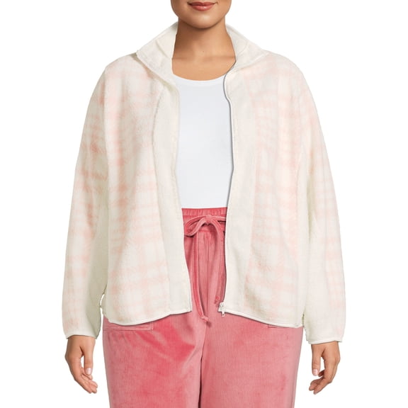 Como Blu Women's Plus Size Printed Faux Baby Sherpa Zip Jacket