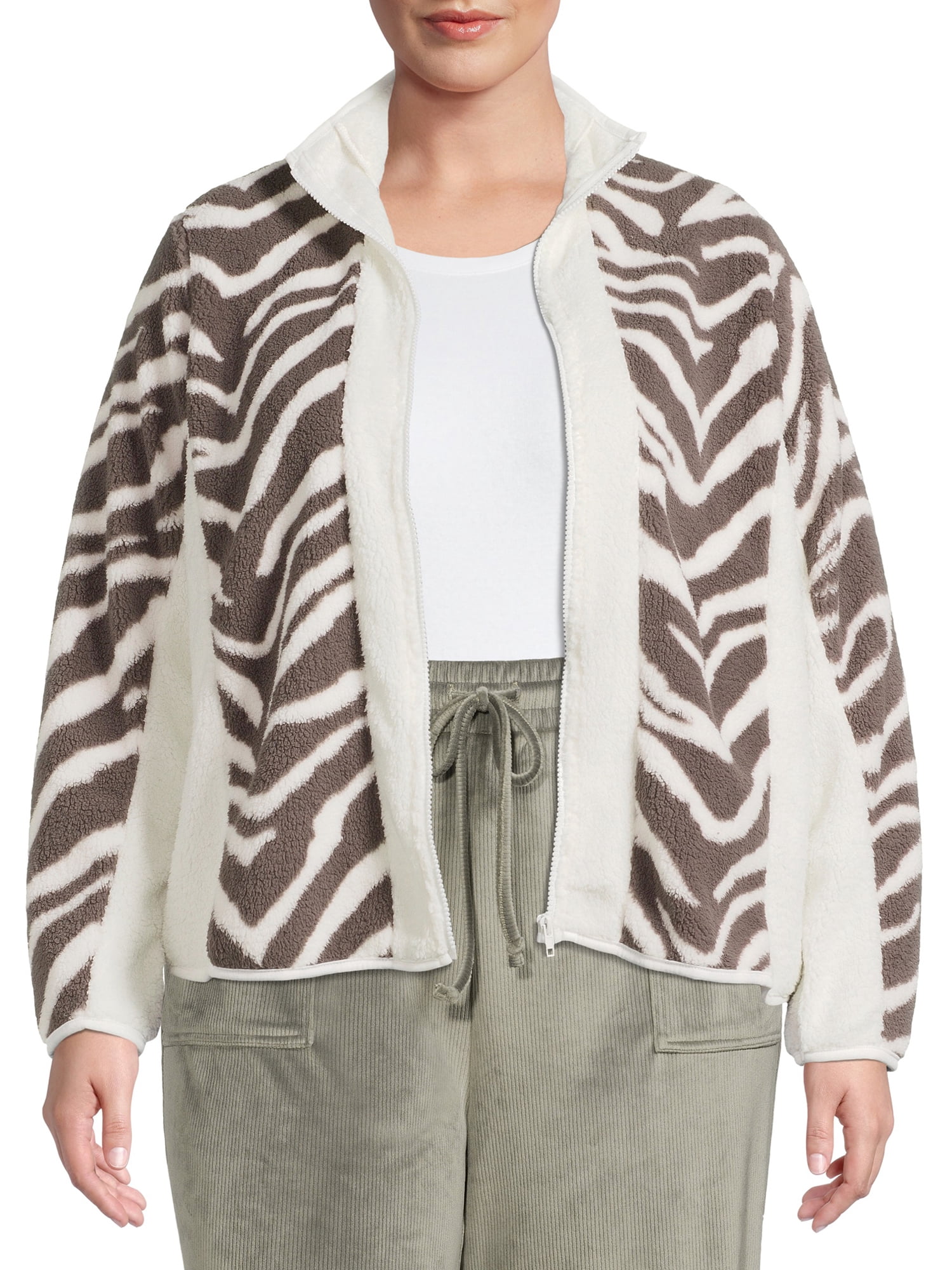 Como Blu Women's Plus Size Printed Faux Baby Sherpa Zip Jacket