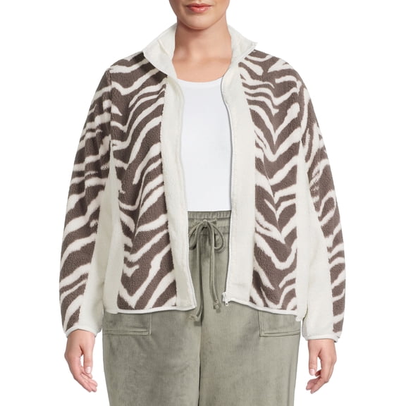 Como Blu Women's Plus Size Printed Faux Baby Sherpa Zip Jacket
