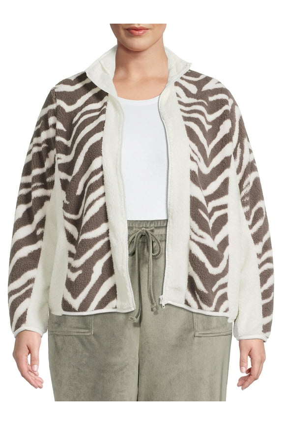Women's Plus Size Printed Faux Baby Sherpa Zip Jacket