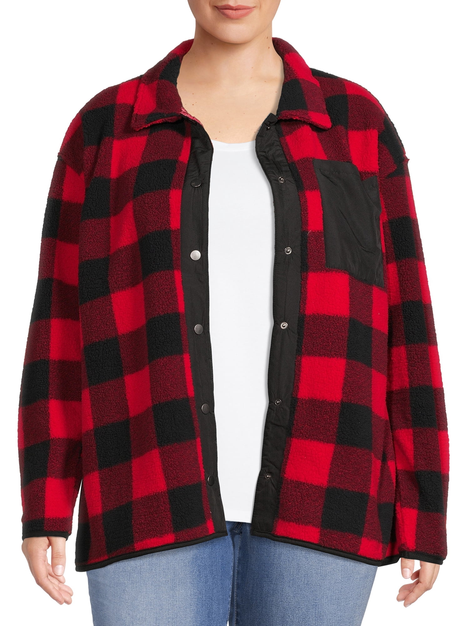Como Blu Women's Plus Size Printed Faux Sherpa Snap-Front Shirt