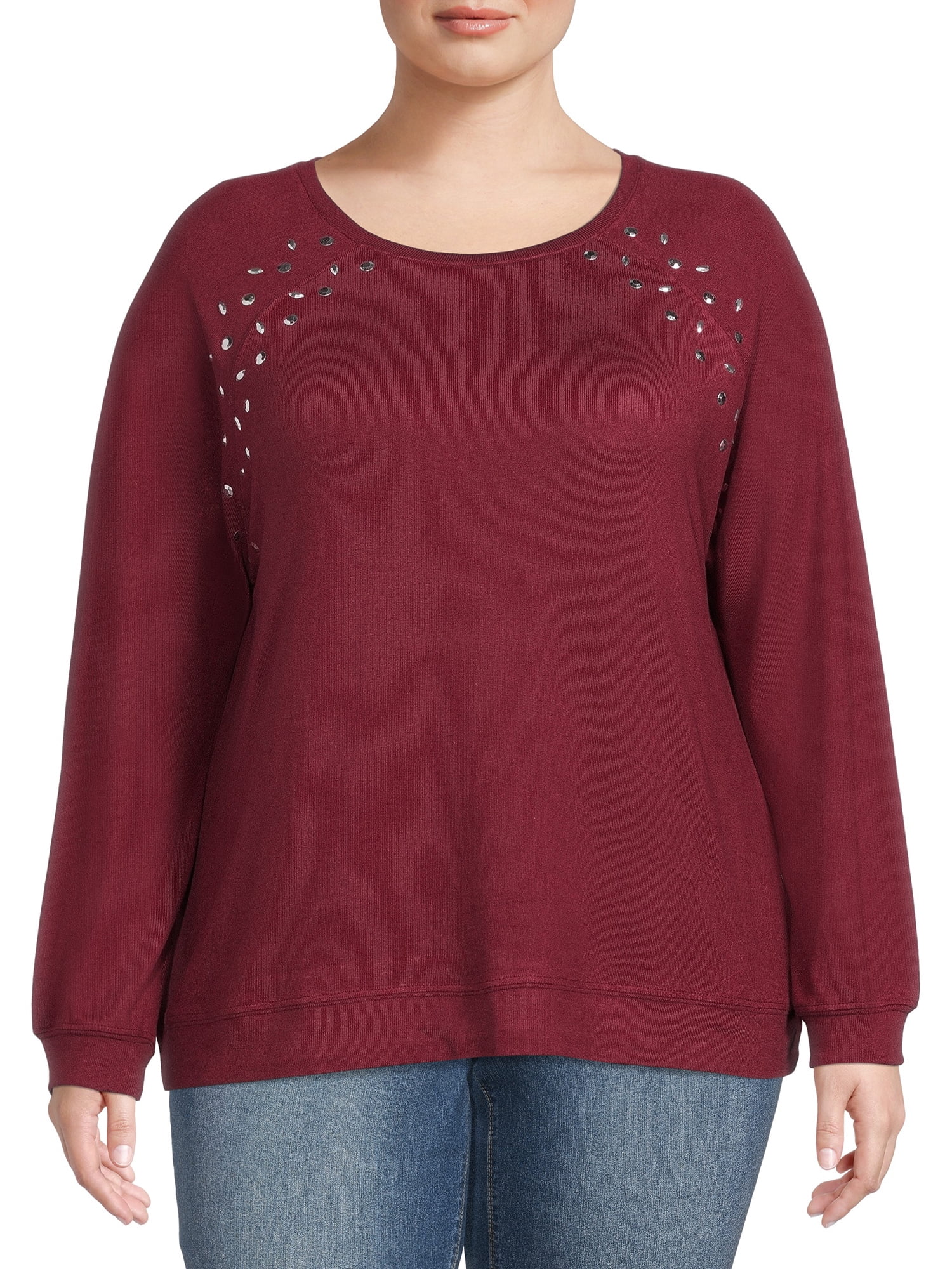 Como Blu Women's Plus Size Rhinestone Trim Sweatshirt with Raglan Sleeves
