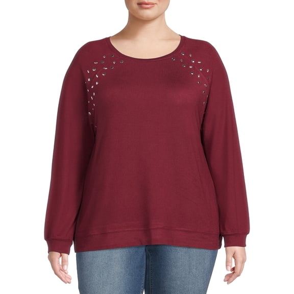 Como Blu Women's Plus Size Rhinestone Trim Sweatshirt with Raglan Sleeves