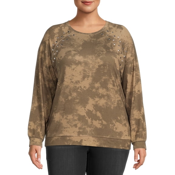 Como Blu Women's Plus Size Rhinestone Trim Tie-Dye Sweatshirt with Raglan Sleeves