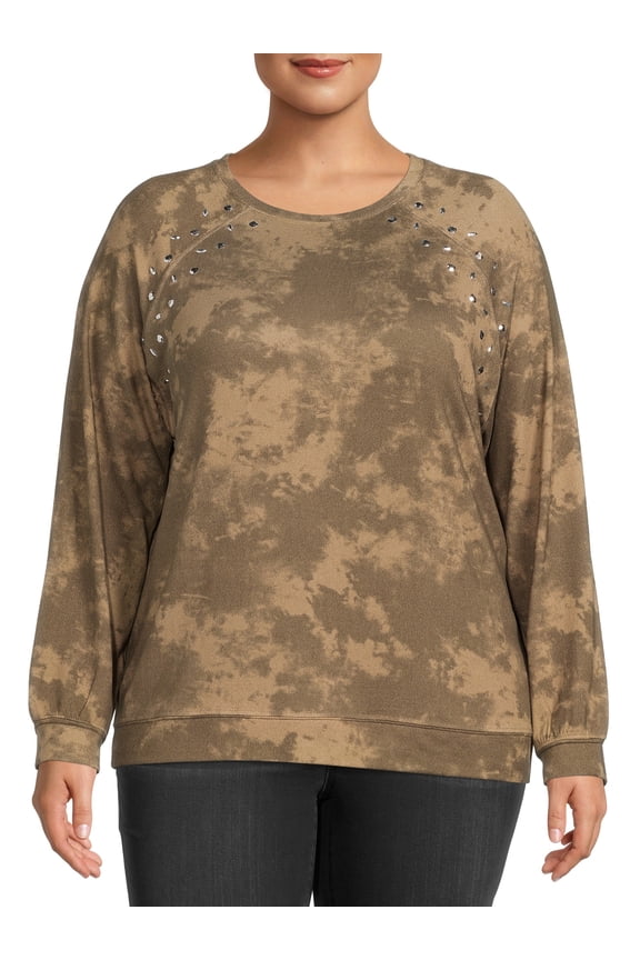 Women's Plus Size Rhinestone Trim Tie-Dye Sweatshirt with Raglan Sleeves