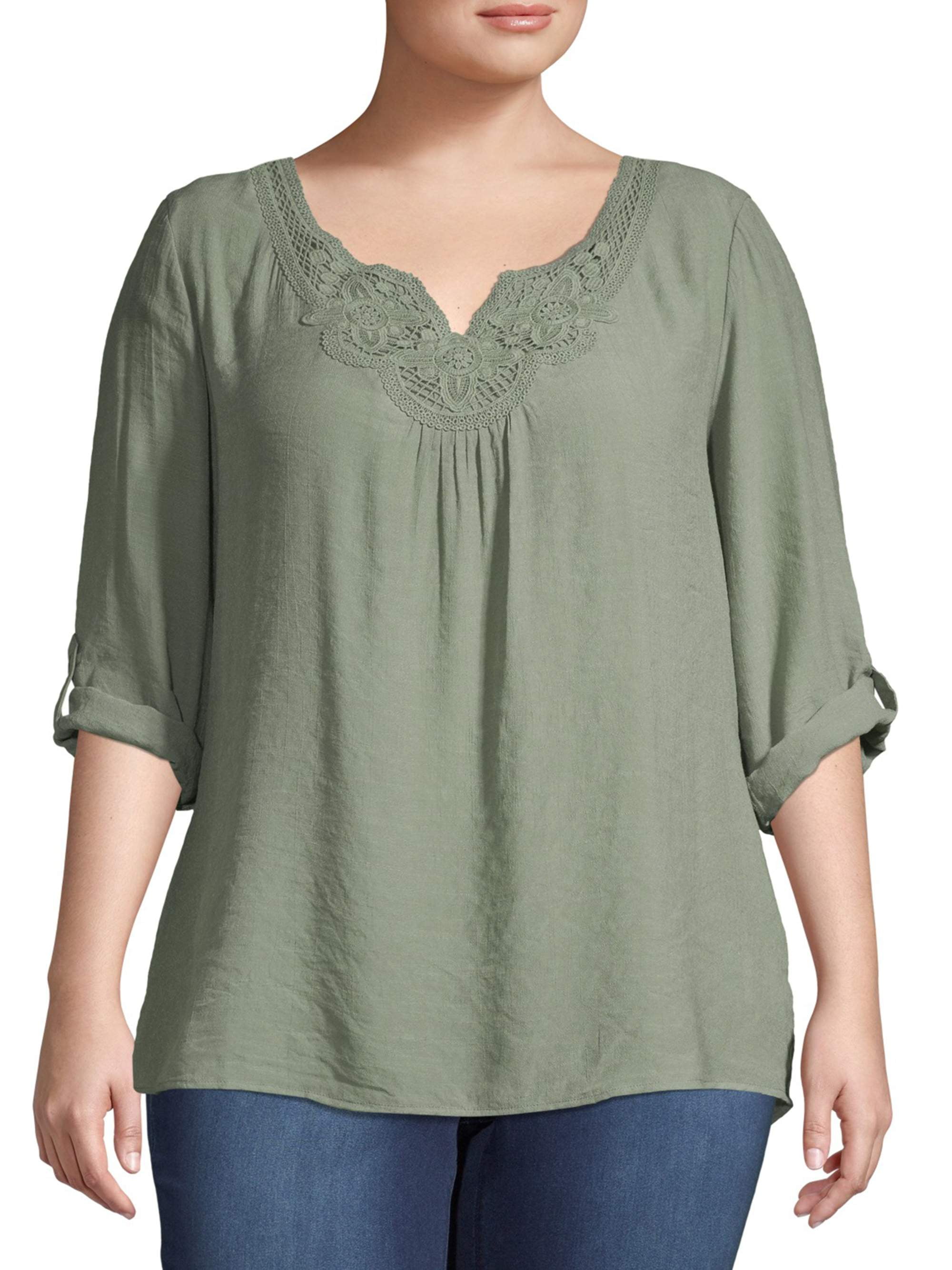 Como Blu Women's Plus Size Roll Sleeve Split Neck Top - Walmart.com