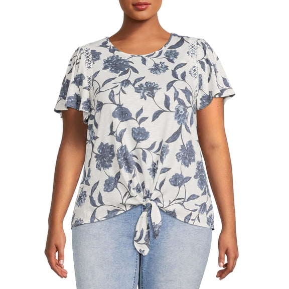 Como Blu Women's Plus Size Tie Front Top with Flutter Sleeves