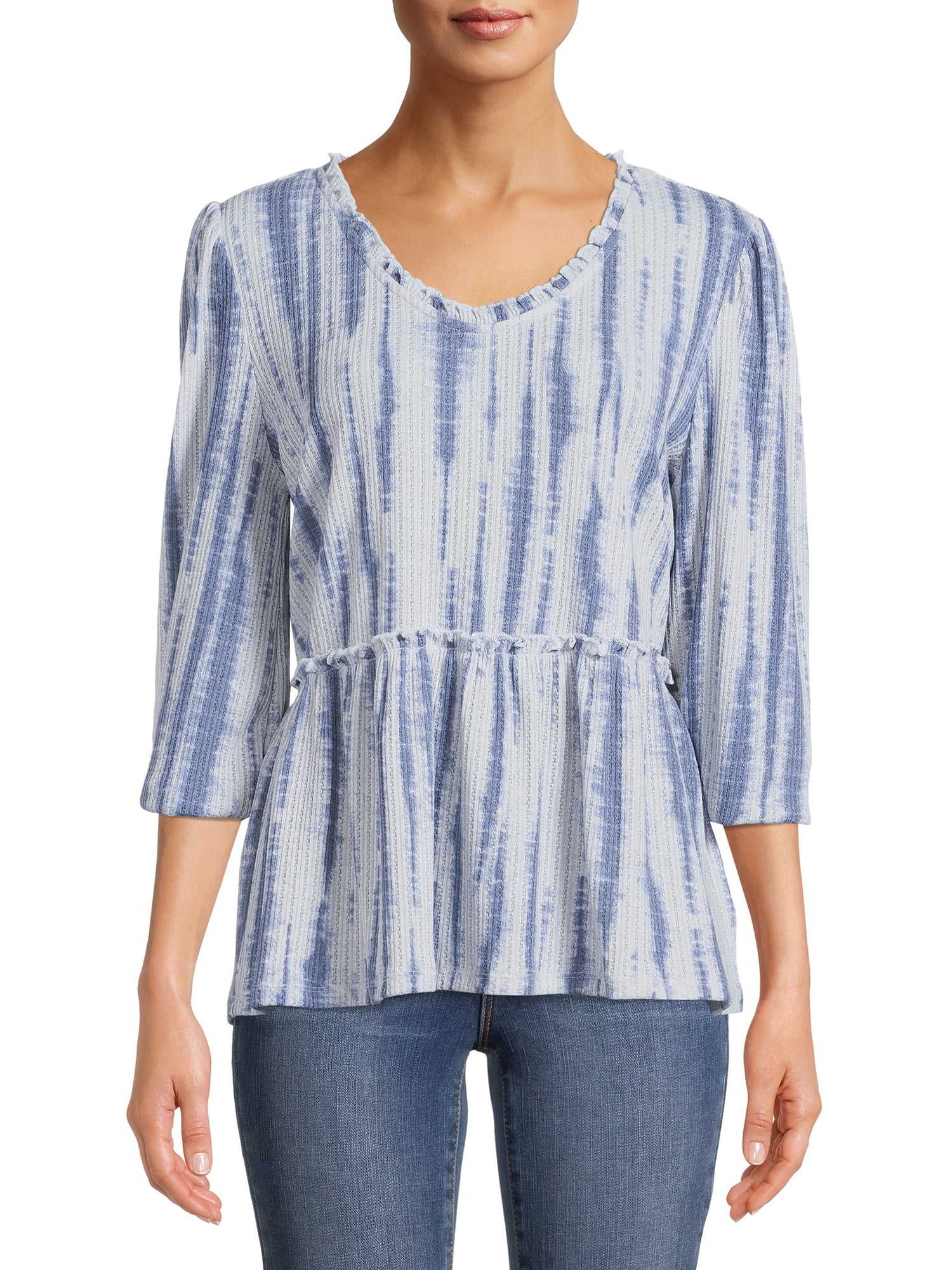 Como Blu Women's V-Neck Long Sleeve Top with Ruffle Edges