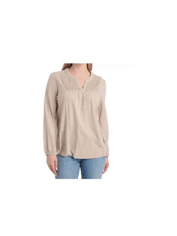 Women's Slub Knit Long-Sleeve Smocked Henley Shirt (Large)