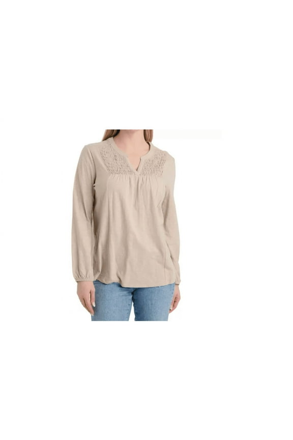 Women's Slub Knit Long-Sleeve Smocked Henley Shirt (Large)