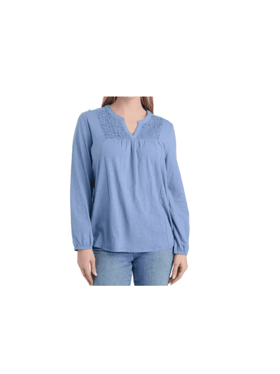 Women's Slub Knit Long-Sleeve Smocked Henley Shirt (Large)