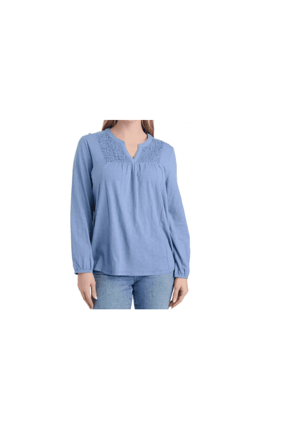 Women's Slub Knit Long-Sleeve Smocked Henley Shirt (Large)
