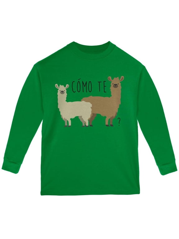 Como Te Llamas Funny Llama Pun Youth Long Sleeve T Shirt Green YLG