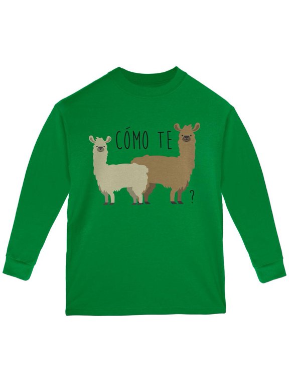 Como Te Llamas Funny Llama Pun Youth Long Sleeve T Shirt Green YMD