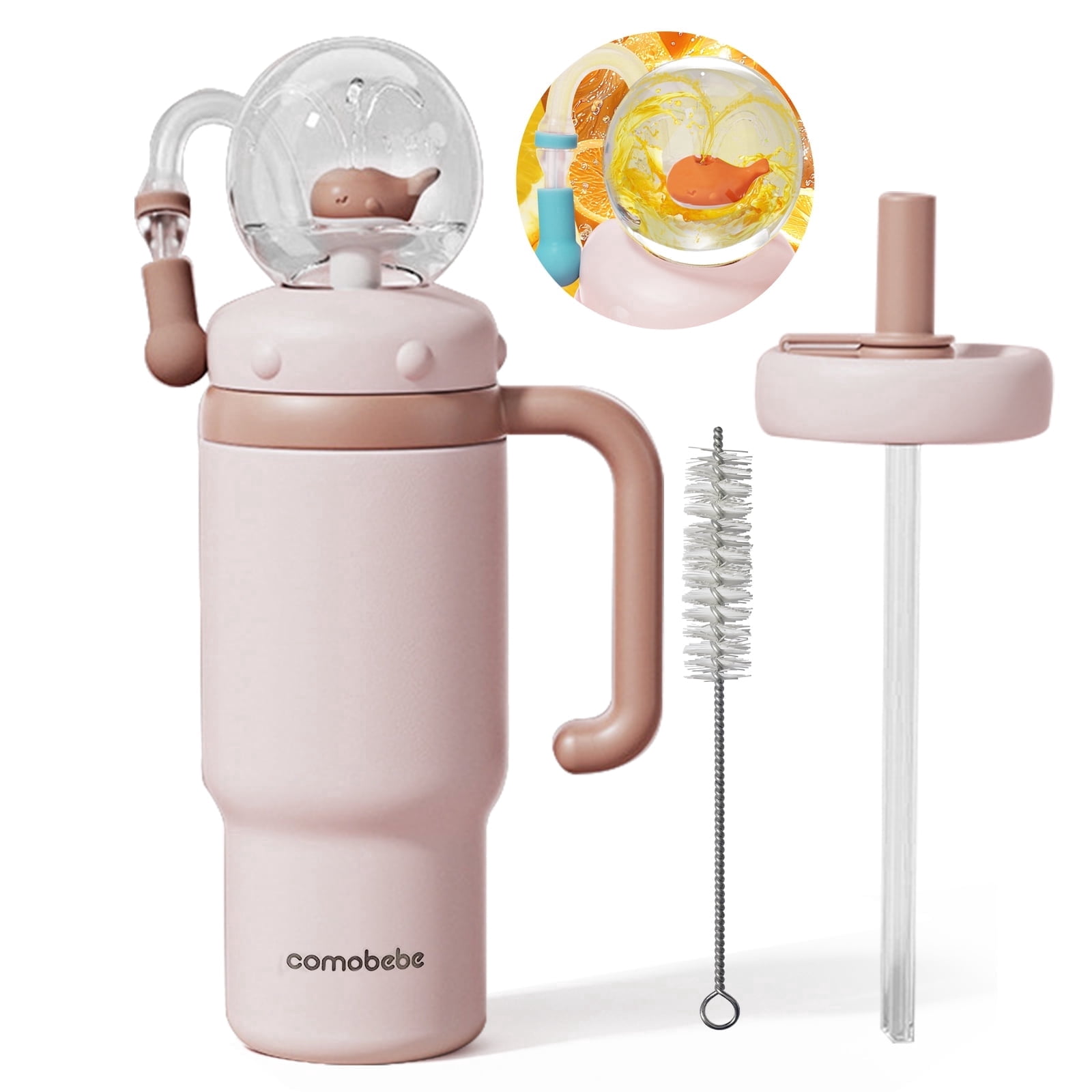 Comobebe 24 oz Insulated Whale Fountain Sippy Cup, 316 Stainless Steel Leak-Proof with 2 Lids, Fits Car Cup Holders, Green Dinosaur for Kids Teens Adults (Dusty Pink)