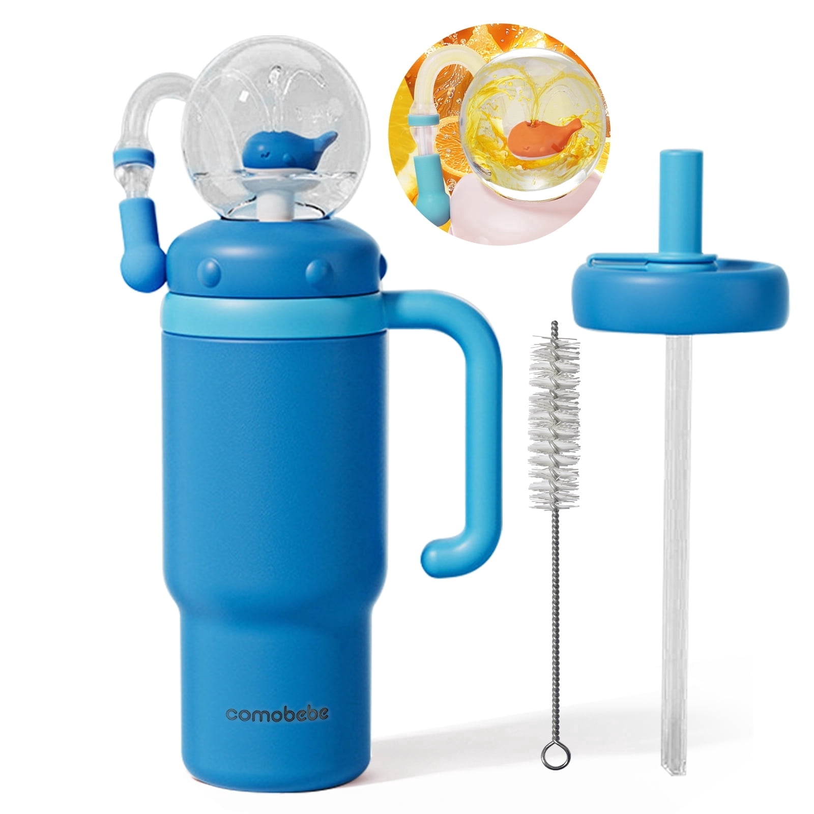 Comobebe 24 oz Insulated Whale Fountain Sippy Cup, 316 Stainless Steel Leak-Proof with 2 Lids, Fits Car Cup Holders, Green Dinosaur for Kids Teens Adults  (Royalblue)